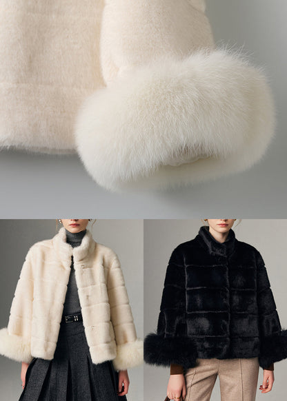 Schwarzer, warmer Fuchspelz-Patchwork-Nerz-Samtmantel mit Stehkragen für den Winter