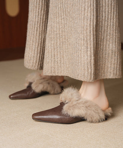 Zapatos planos negros de piel de vaca para mujer, cómodos y con entretela, forrados de lana afelpada.