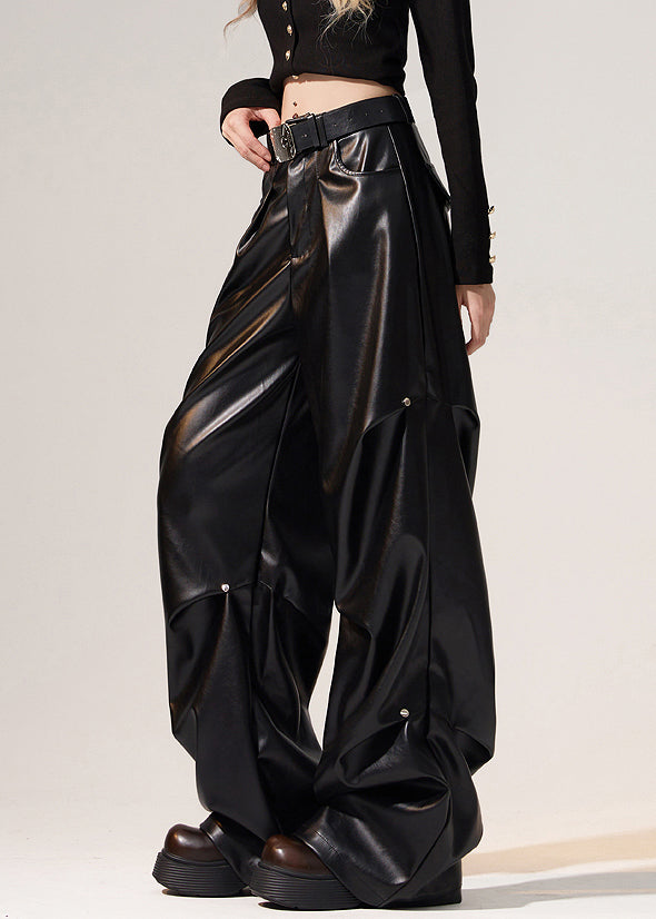 Schwarze, knitterige, hochtaillierte, warme Fleecehose mit weitem Bein für den Winter