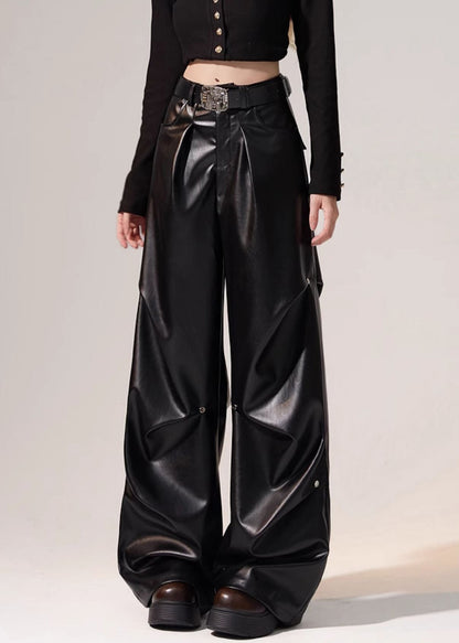 Schwarze, knitterige, hochtaillierte, warme Fleecehose mit weitem Bein für den Winter