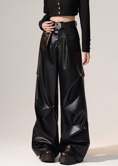 Schwarze, knitterige, hochtaillierte, warme Fleecehose mit weitem Bein für den Winter