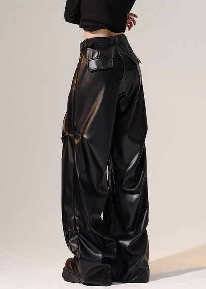 Schwarze, knitterige, hochtaillierte, warme Fleecehose mit weitem Bein für den Winter