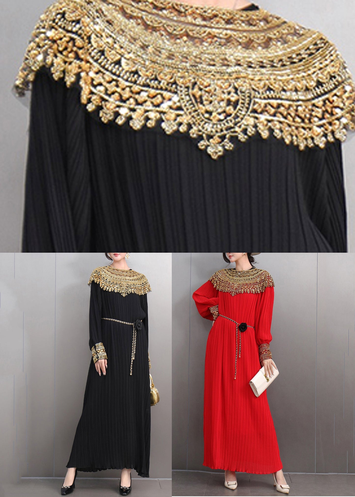 Black Wrinkled Nail Bead Sequins Maxi Dresses Fall