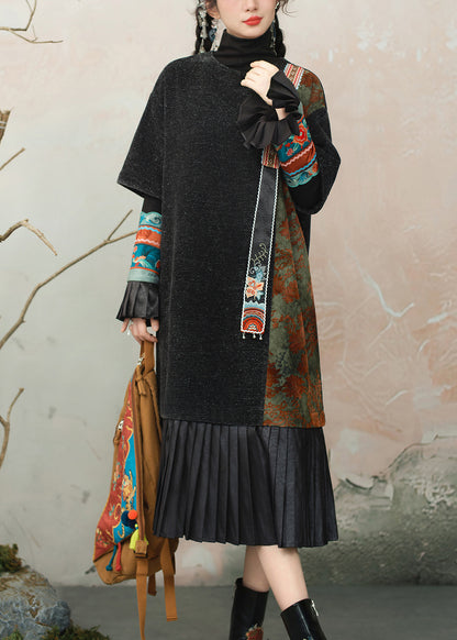 Black Wrinkled Patchwork Chenille Dress O Neck