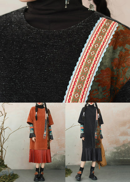 Black Wrinkled Patchwork Chenille Dress O Neck