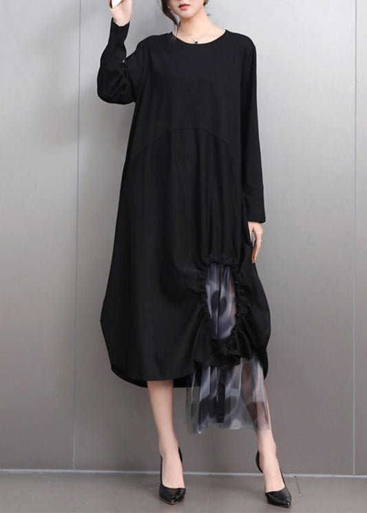 Black Wrinkled Patchwork Maxi Dress Fall