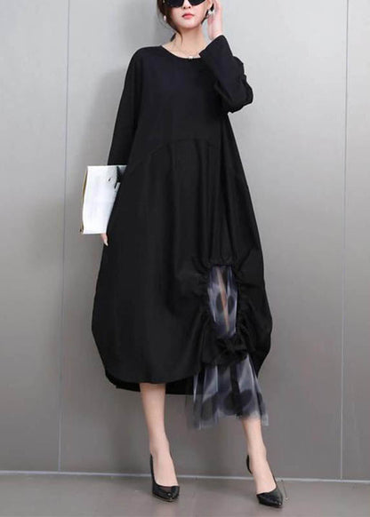 Black Wrinkled Patchwork Maxi Dress Fall