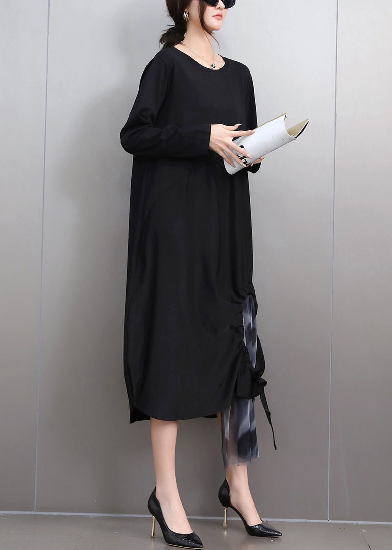 Black Wrinkled Patchwork Maxi Dress Fall