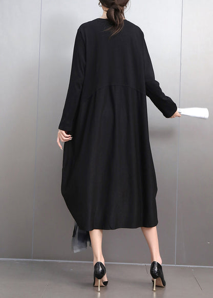 Black Wrinkled Patchwork Maxi Dress Fall