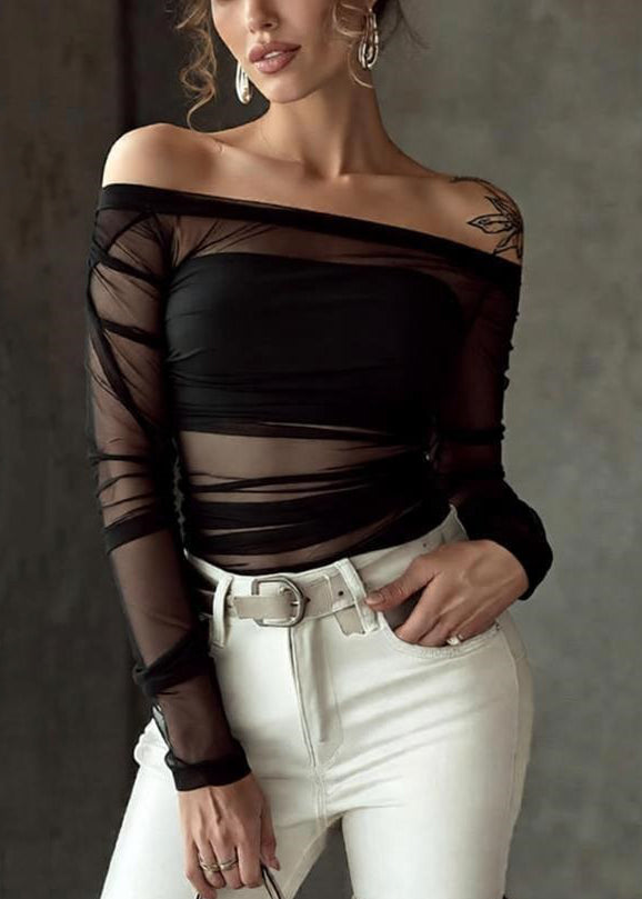Black Wrinkled Perspective Tulle T Shirt Slash Neck