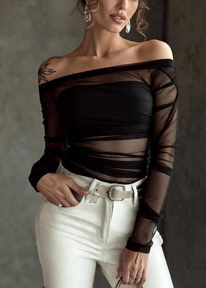 Black Wrinkled Perspective Tulle T Shirt Slash Neck