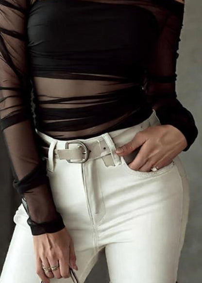 Black Wrinkled Perspective Tulle T Shirt Slash Neck