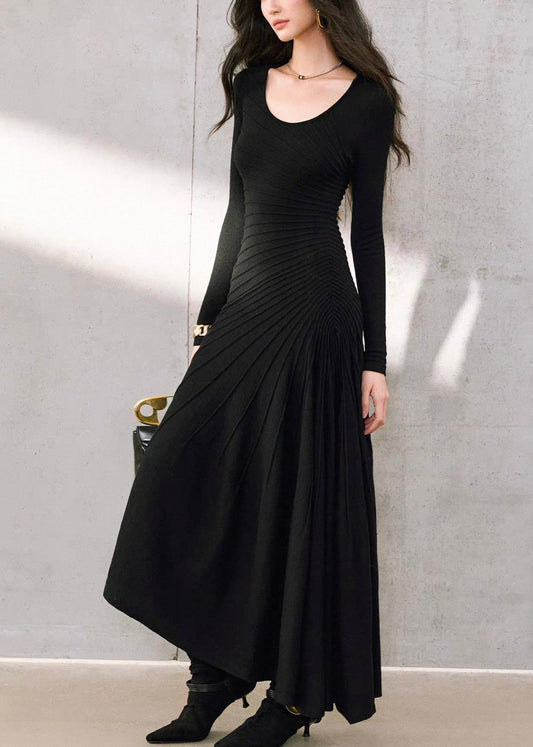 Schwarzes, knitterfreies, schmal geschnittenes, langes Meerjungfrauenkleid für den Frühling