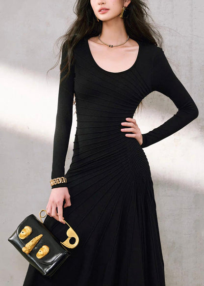 Black Wrinkled Slim Solid Long Fishtail Dress Spring
