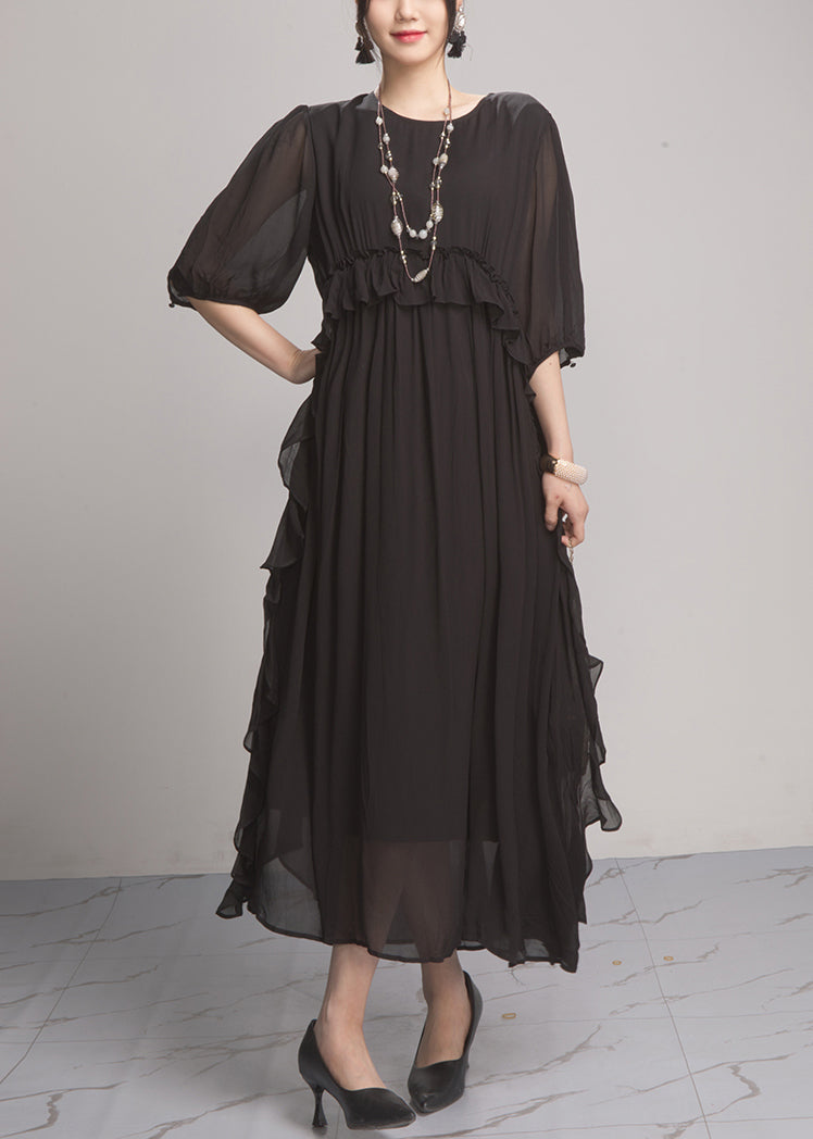 Black Wrinkled Solid Chiffon Long Dresses O Neck Summer