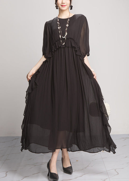 Black Wrinkled Solid Chiffon Long Dresses O Neck Summer