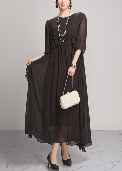 Black Wrinkled Solid Chiffon Long Dresses O Neck Summer