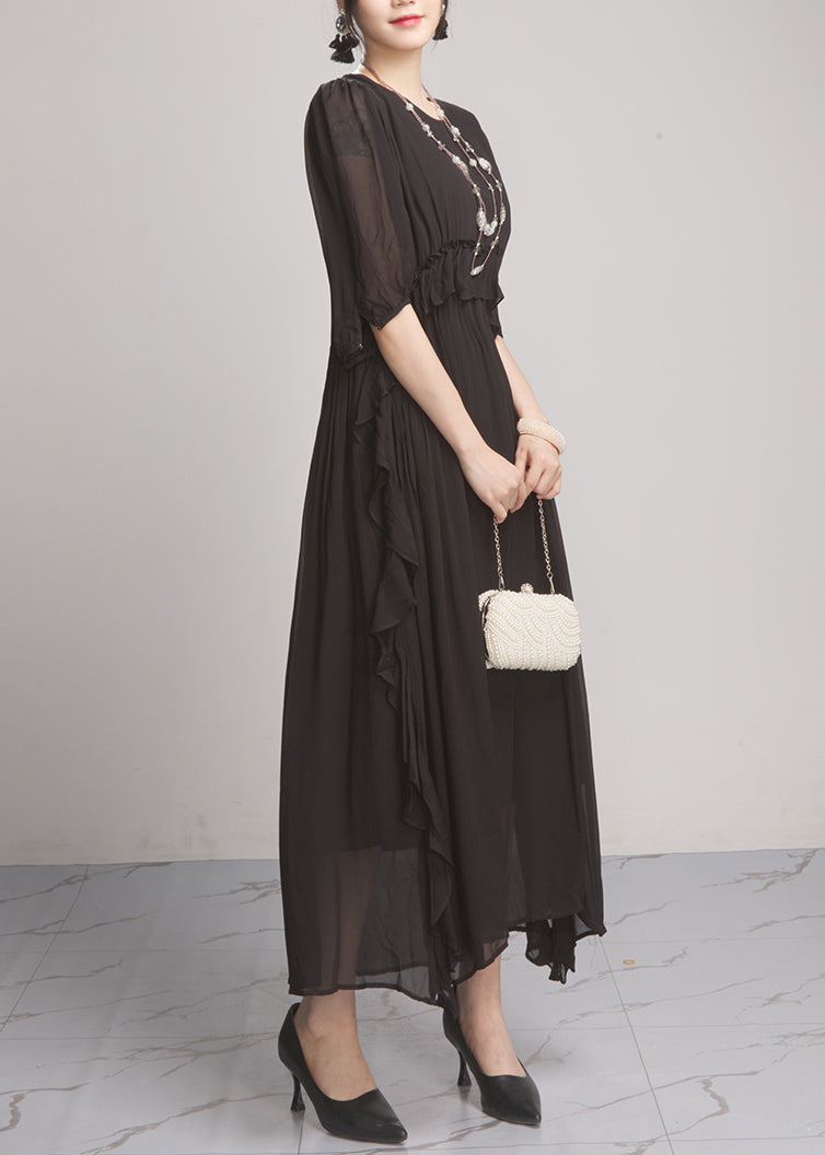 Black Wrinkled Solid Chiffon Long Dresses O Neck Summer