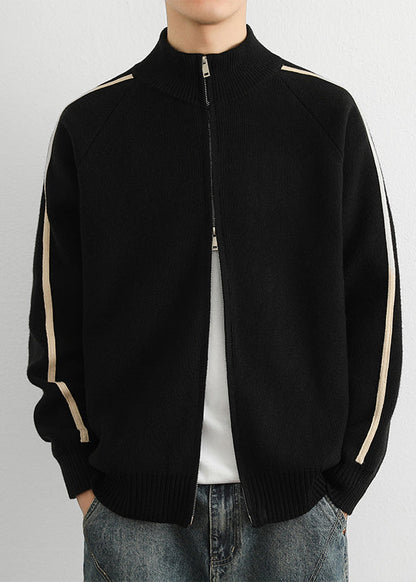 Black Zip Up Cozy Knit Men Sweater Tops Stand Collar