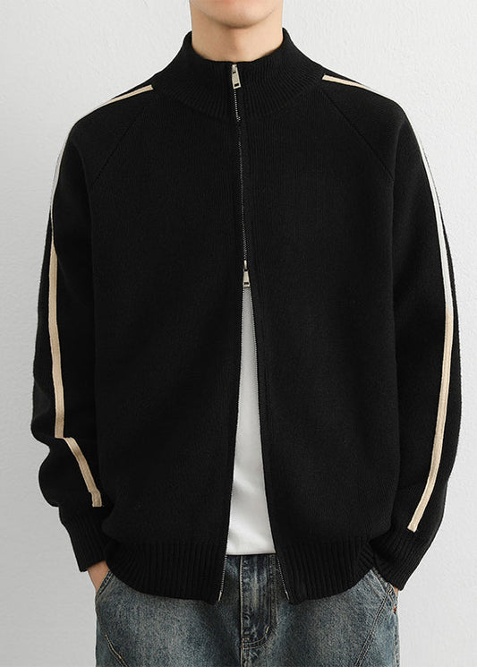 Black Zip Up Cozy Knit Men Sweater Tops Stand Collar