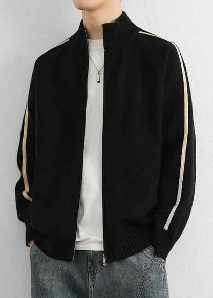 Black Zip Up Cozy Knit Men Sweater Tops Stand Collar