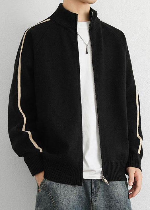 Black Zip Up Cozy Knit Men Sweater Tops Stand Collar