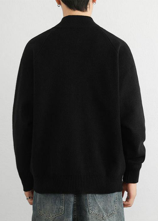 Black Zip Up Cozy Knit Men Sweater Tops Stand Collar