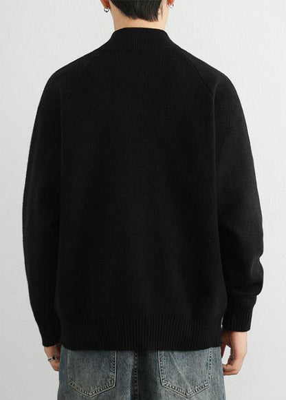 Black Zip Up Cozy Knit Men Sweater Tops Stand Collar