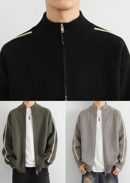 Black Zip Up Cozy Knit Men Sweater Tops Stand Collar