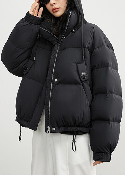 Schwarzer Wintermantel mit Kapuze, gefüttert mit Reißverschluss, Kordelzug und Patchwork-Design, Entendaunen