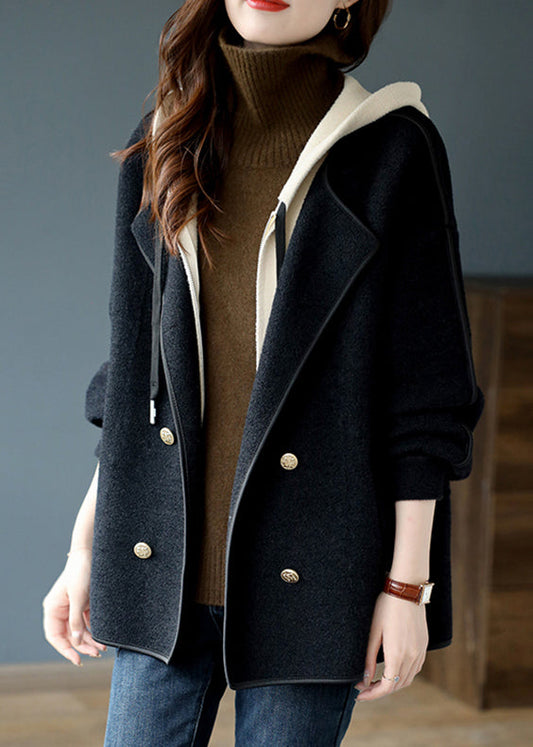 Black Zippered False Two Pieces Patchwork Woolen Coats Hooded