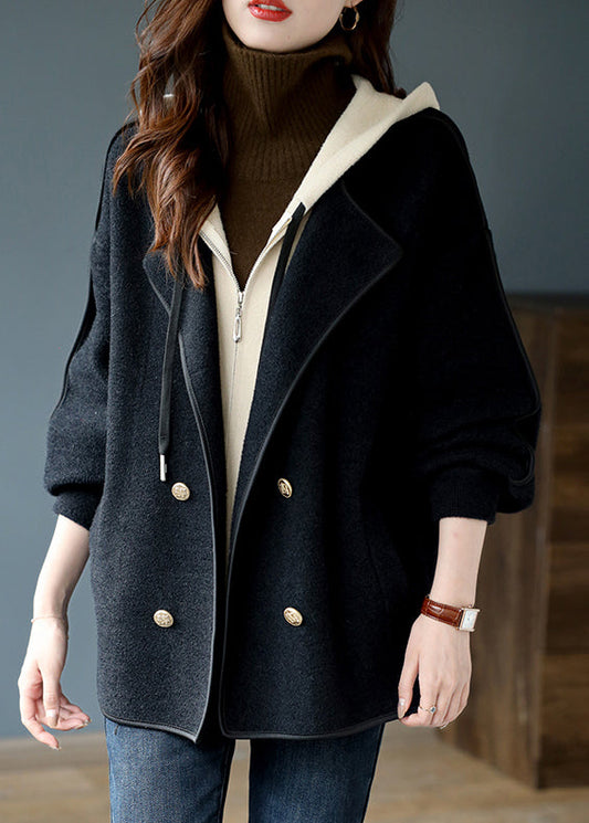 Black Zippered False Two Pieces Patchwork Woolen Coats Hooded