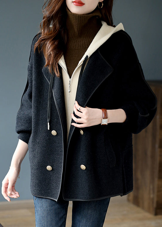 Black Zippered False Two Pieces Patchwork Woolen Coats Hooded