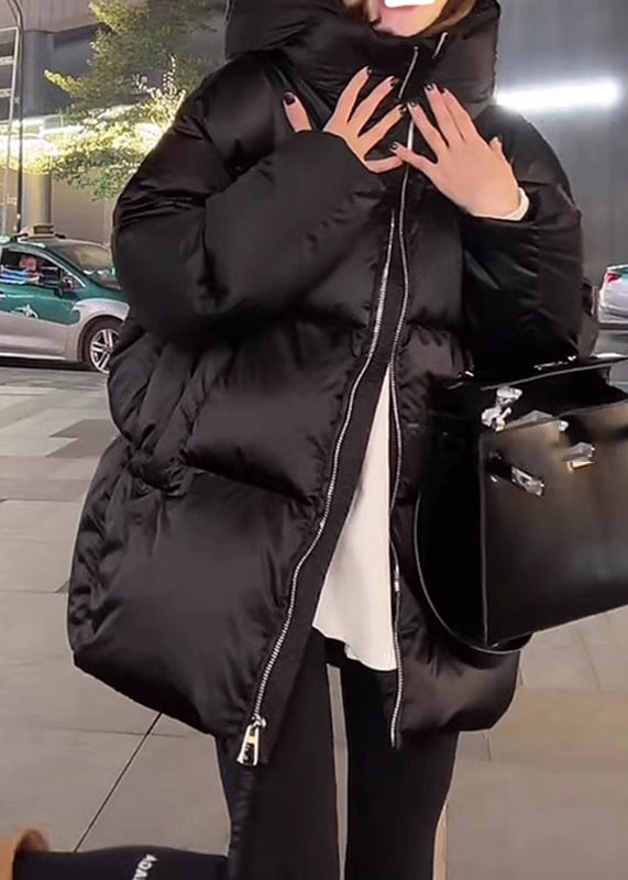 Schwarzer, gefütterter Daunenmantel mit Kapuze und Reißverschluss, Laternenärmel