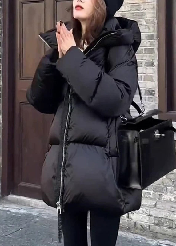 Schwarzer, gefütterter Daunenmantel mit Kapuze und Reißverschluss, Laternenärmel