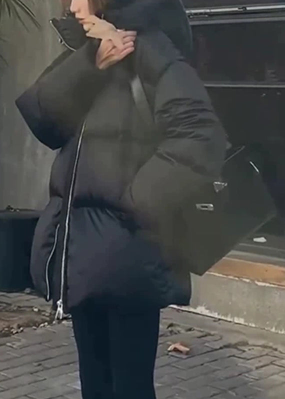 Schwarzer, gefütterter Daunenmantel mit Kapuze und Reißverschluss, Laternenärmel