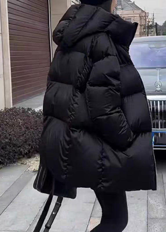 Schwarzer, gefütterter Daunenmantel mit Kapuze und Reißverschluss, Laternenärmel