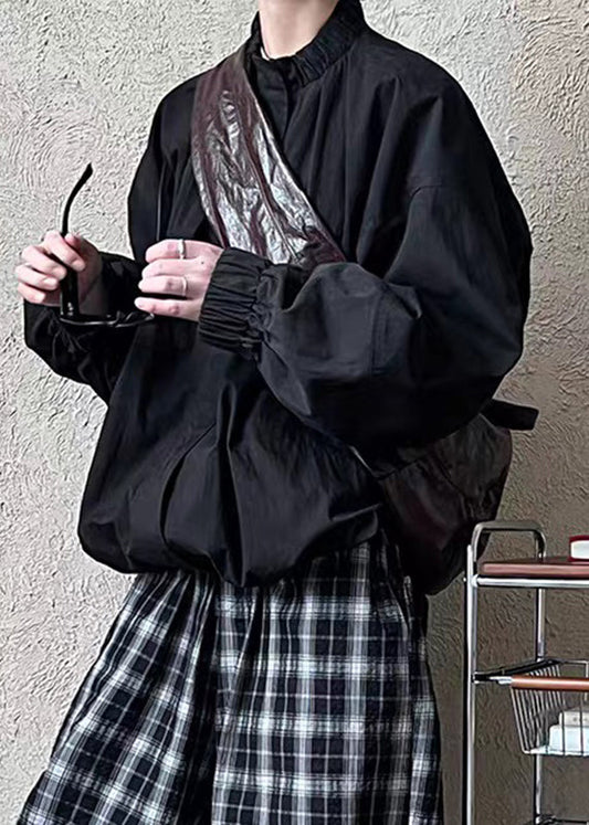 Black Zippered Patchwork Solid Jacket Spring