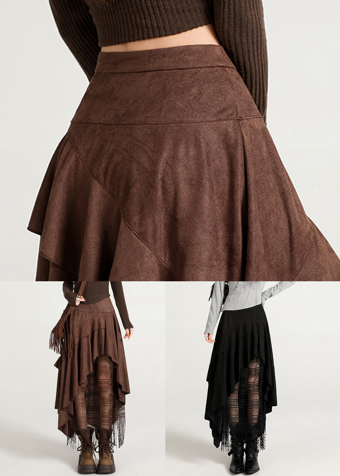 Schwarzer asymmetrischer Rock aus Kunstwildleder mit Reißverschluss und Quasten aus Spitze