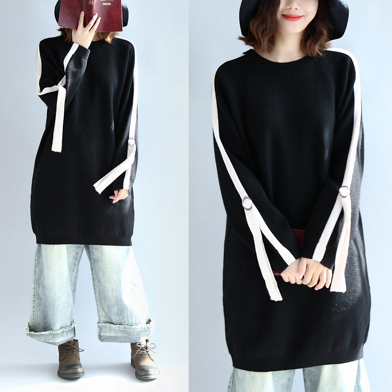 Schwarzes modisches Oversize-Sweatkleid, warme Frühlingskleider, Übergrößen-Pulloverbluse