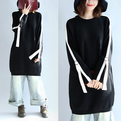 Schwarzes modisches Oversize-Sweatkleid, warme Frühlingskleider, Übergrößen-Pulloverbluse