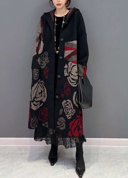 Schwarze Kapuzenjacke mit Rosen-Print, locker gestrickt, für den Frühling