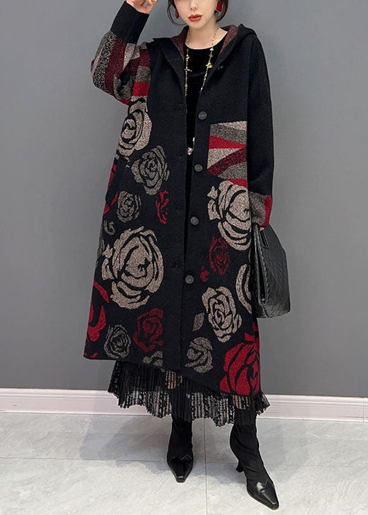 Schwarze Kapuzenjacke mit Rosen-Print, locker gestrickt, für den Frühling