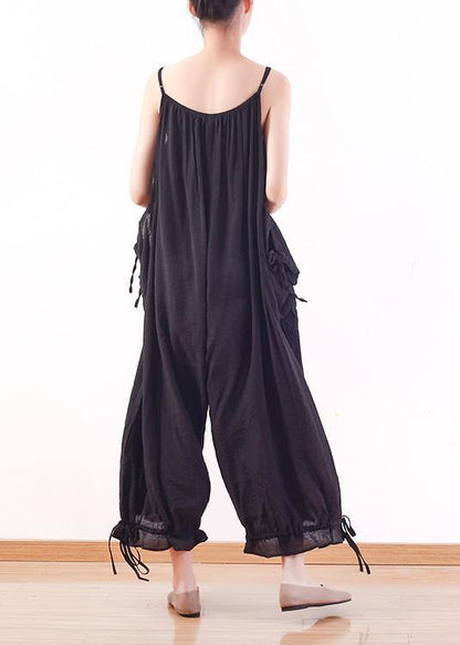 Black loose drawstring  suspender wide leg jumpsuit - SooLinen