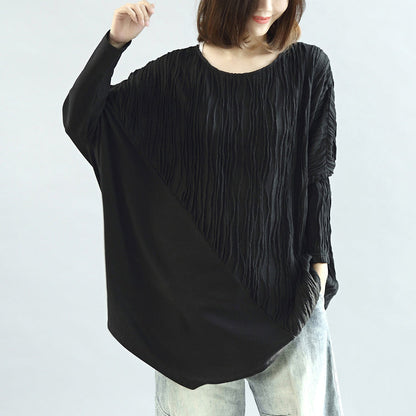 Schwarze Patchwork-Baumwollblusen übergroße Langarm-T-Shirts Pullover