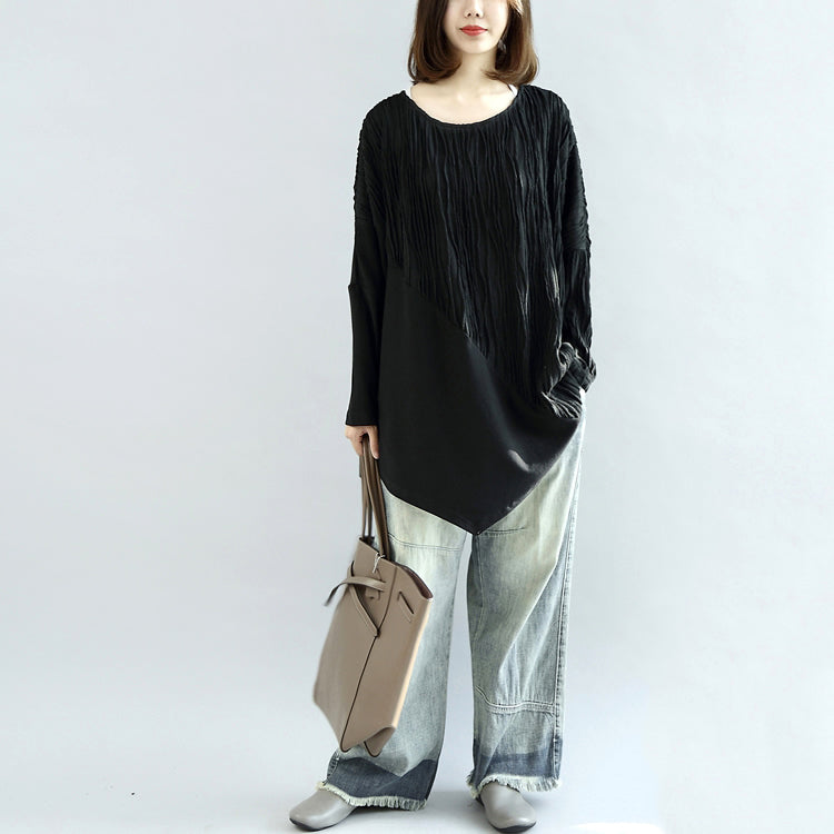 Schwarze Patchwork-Baumwollblusen übergroße Langarm-T-Shirts Pullover