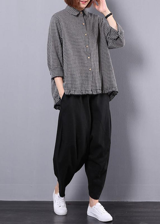 Black plaid shirt suit female long sleeve 2019 spring and autumn loose casual harem pants two-piece suit - SooLinen