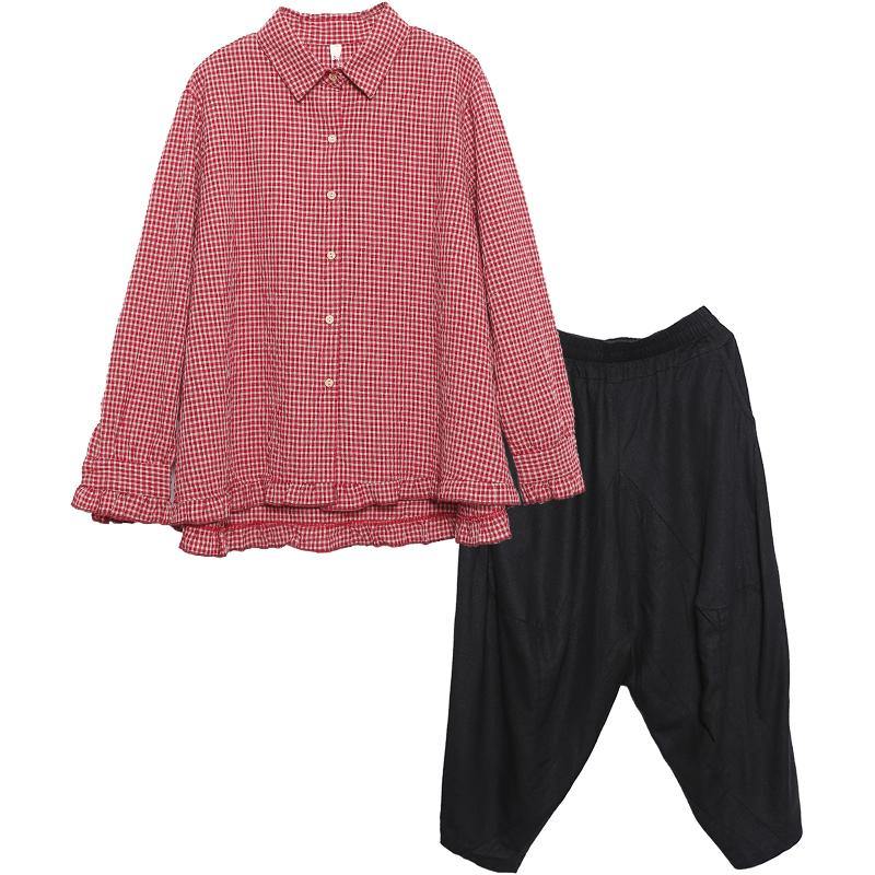 Black plaid shirt suit female long sleeve 2019 spring and autumn loose casual harem pants two-piece suit - SooLinen