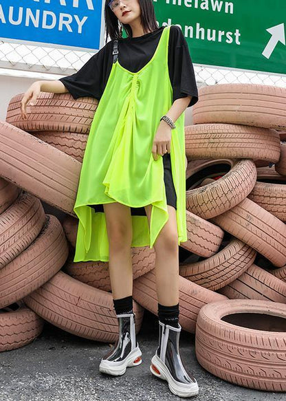 Black t-shirt + strap dress suit summer tide large size short sleeve loose long section  casual women's clothing - SooLinen