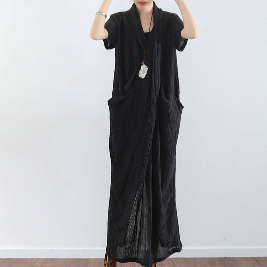 Schwarzes Leinenkleid mit Struktur, Sommerkleid in Übergröße, Leinen-Sommerkleid, Kaftan, Oversize-Kleid